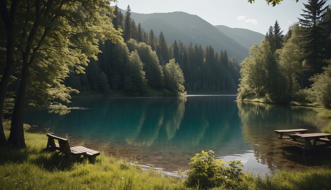 A serene lake surrounded by lush trees, with a campsite nestled among the greenery. A sign promoting safety and conservation stands at the entrance