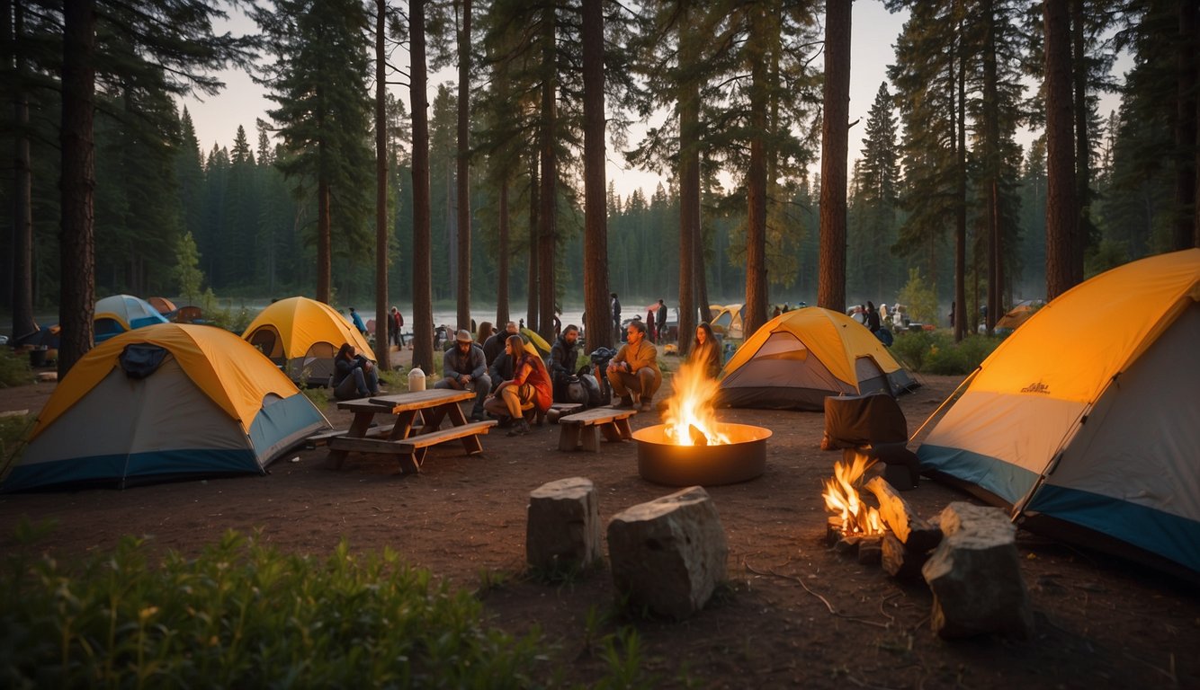 Visitors gather around a campfire at Cherry Lake, surrounded by tents and trees. A sign with "Frequently Asked Questions" is posted nearby