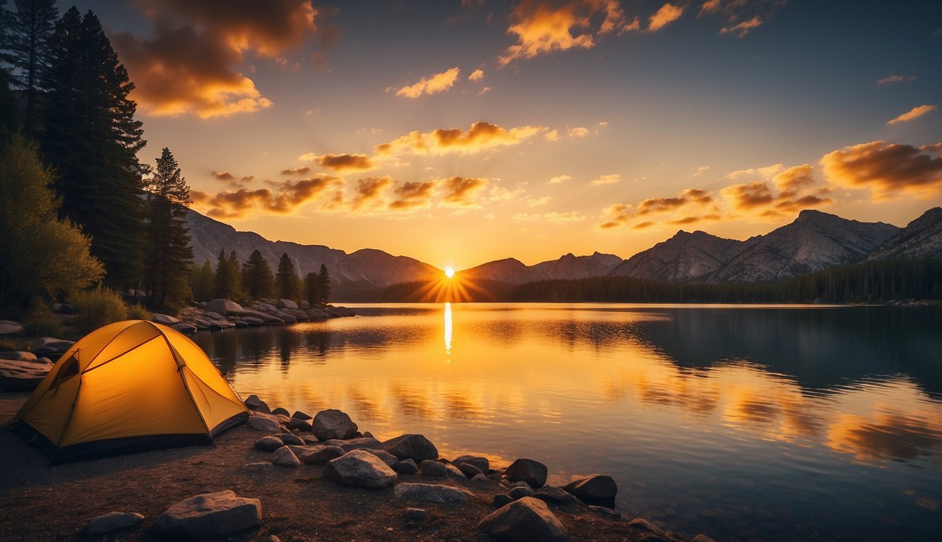 The sun sets over Lake Sabrina, casting a golden glow on the tranquil waters. Tents are pitched along the shore, and a campfire crackles as the stars begin to appear in the night sky