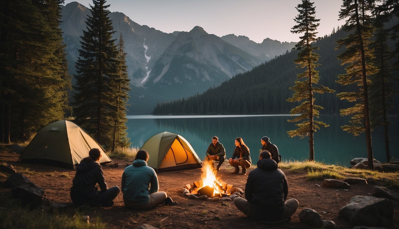 People setting up tents near a calm lake, surrounded by tall trees and mountains. A campfire burns nearby as others fish and hike