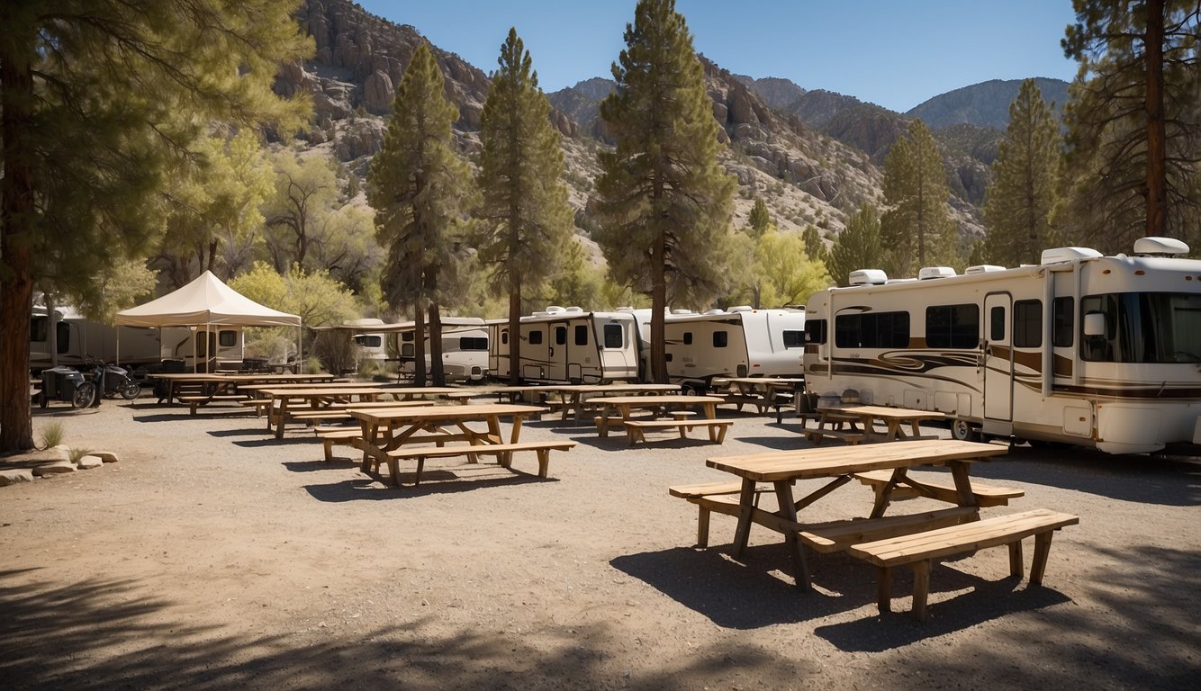 The campground at Lake Sabrina features picnic tables, fire pits, and designated areas for tents and RVs. Regulations include quiet hours and rules for storing food to prevent wildlife encounters