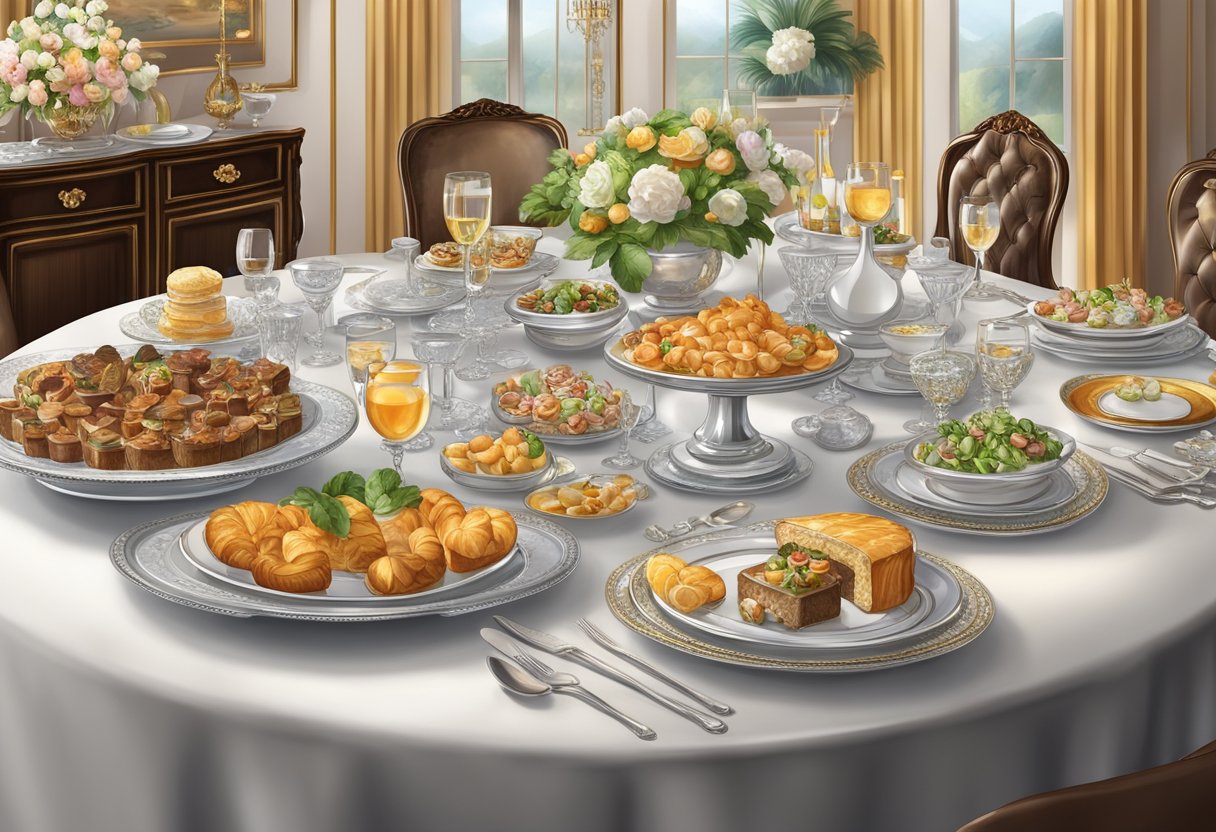 A lavish dining table set with fine china, crystal glassware, and an array of gourmet dishes and delicacies, surrounded by elegant decor and luxurious furnishings