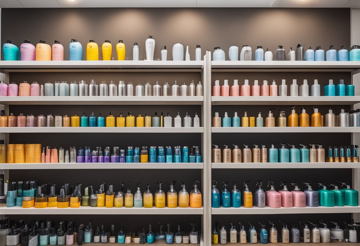 A variety of thermal hair protectors displayed on a shelf in a salon, with colorful packaging and different bottle sizes