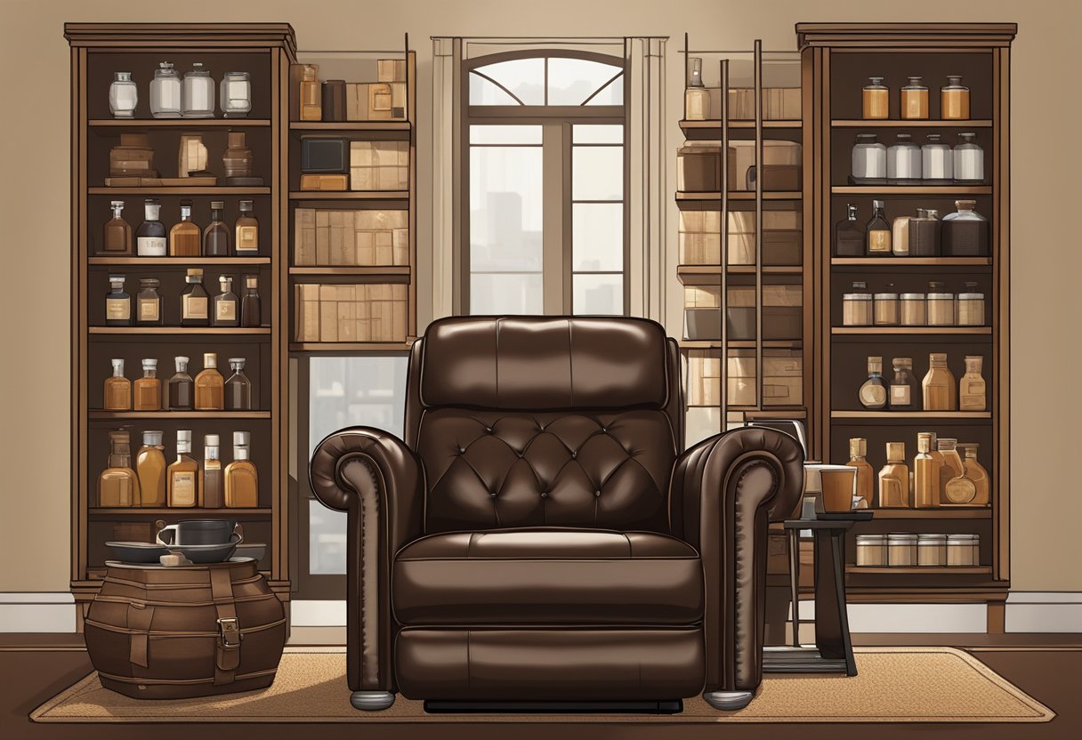 A luxurious leather recliner surrounded by shelves of fine whiskey, a cozy cashmere throw, and a sleek espresso machine