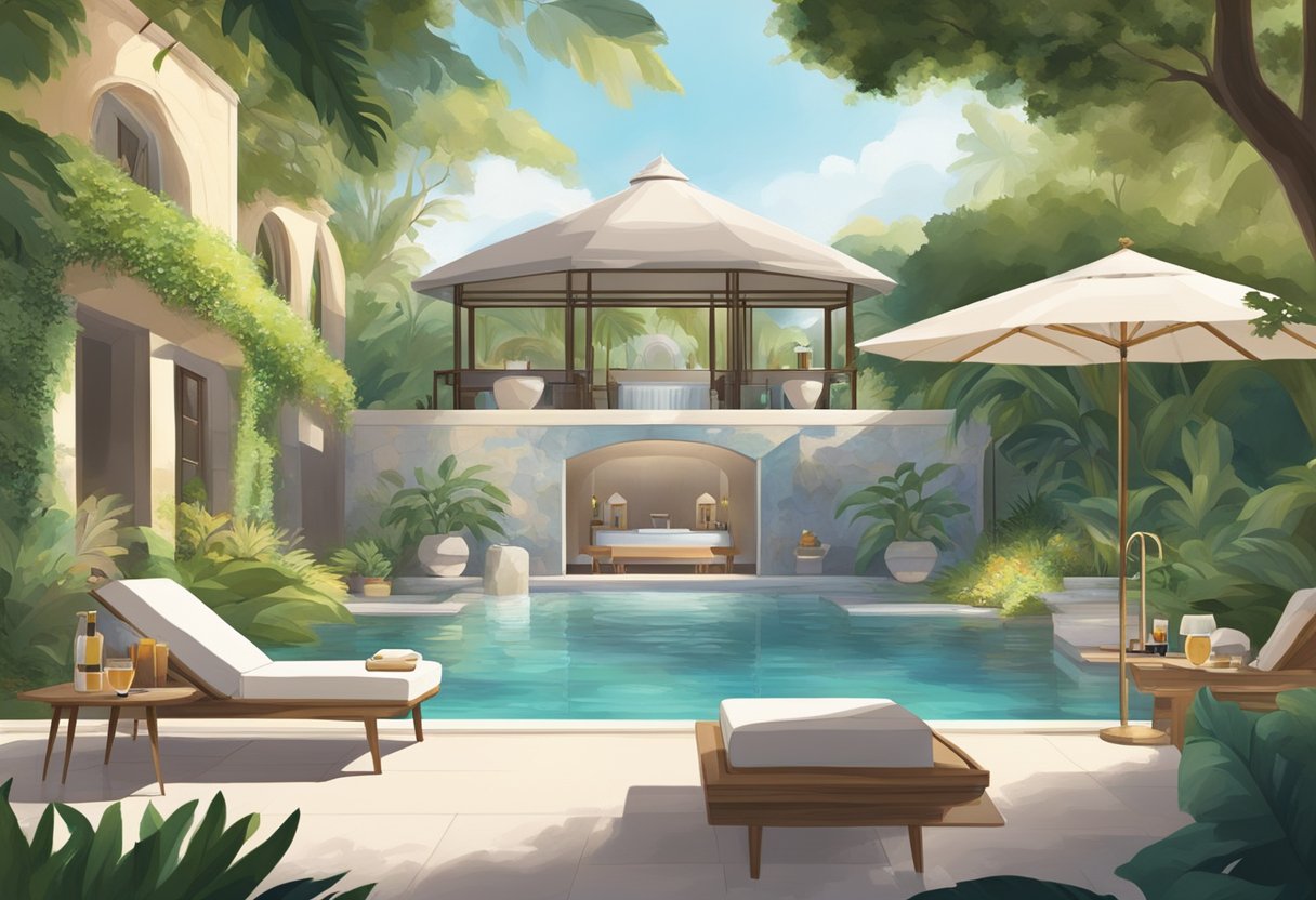 A luxurious spa retreat with a serene pool, plush loungers, and a backdrop of lush greenery. A waiter serves cocktails as guests relax in the sun