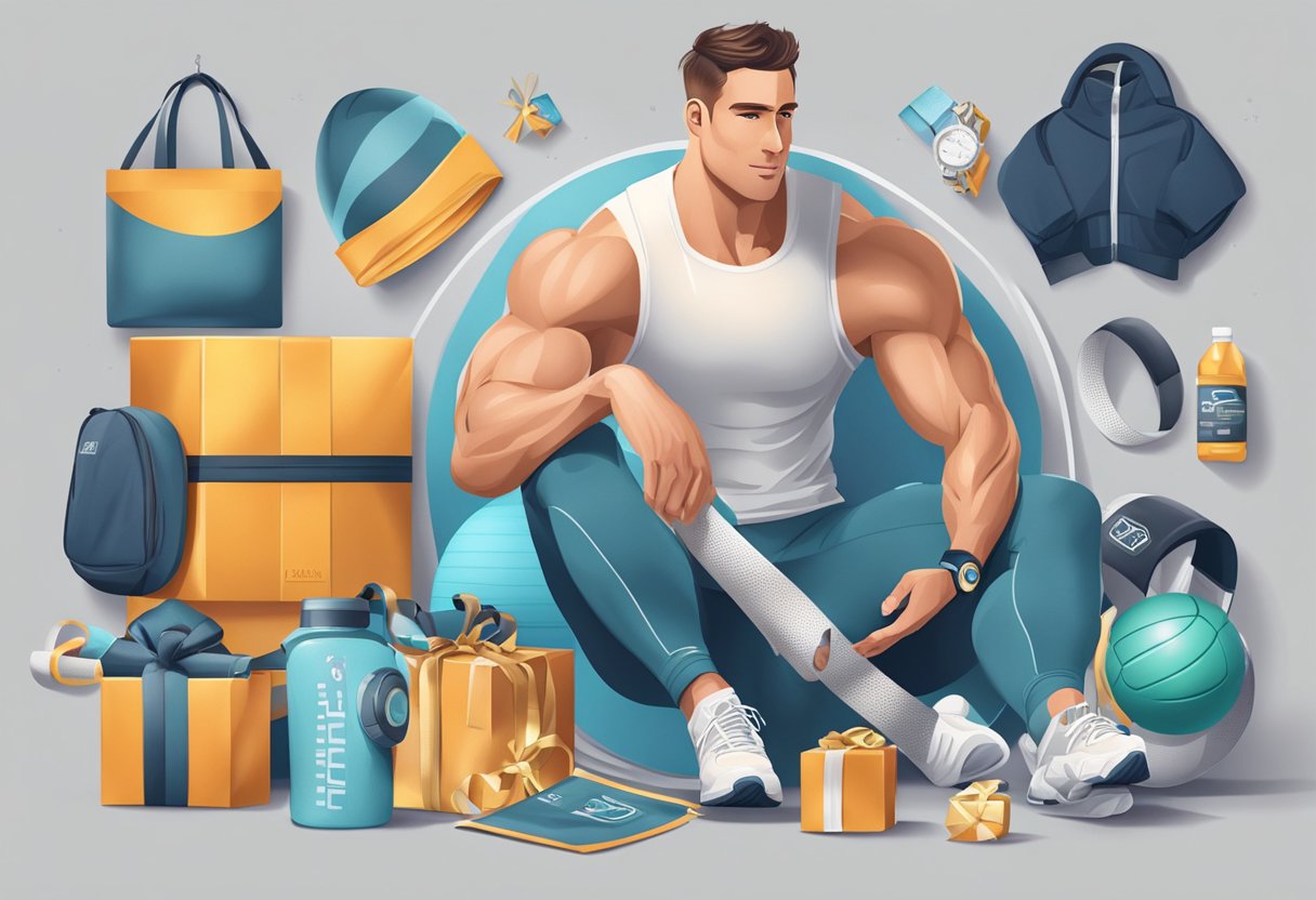 A father unwraps a luxury fitness gift, surrounded by sports equipment and high-end workout gear