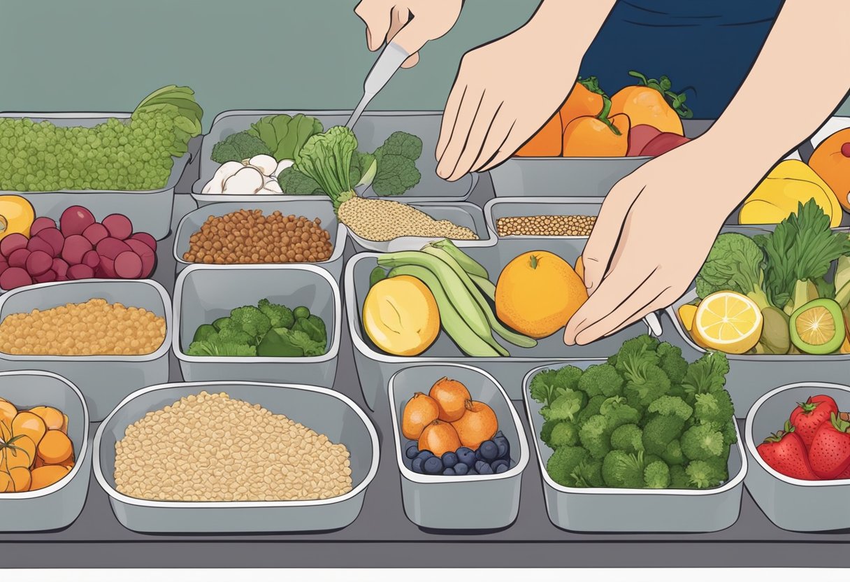 A table set with a variety of fresh fruits, vegetables, whole grains, and lean proteins. A person is seen portioning out their meals into containers for the week