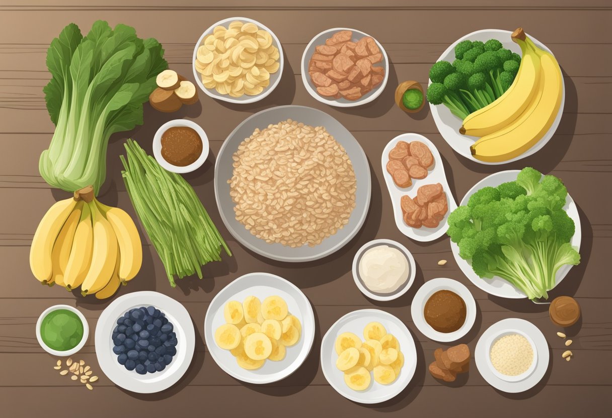 A table with bland, non-acidic foods: oatmeal, bananas, lean meats, and green vegetables. No spicy, fatty, or acidic foods