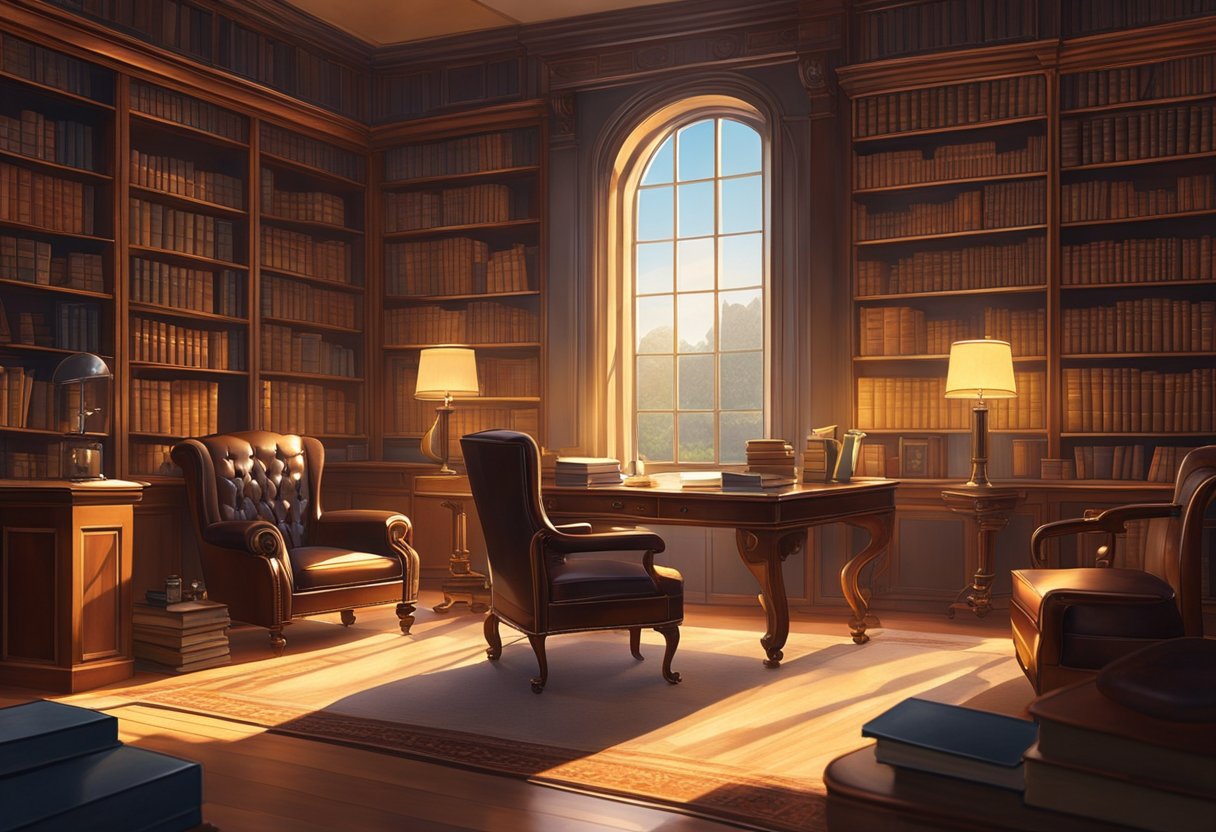 A lavish study with leather armchairs, a mahogany desk, and shelves lined with rare books and fine whiskey bottles. Sunlight streams through the window, casting a warm glow over the elegant room