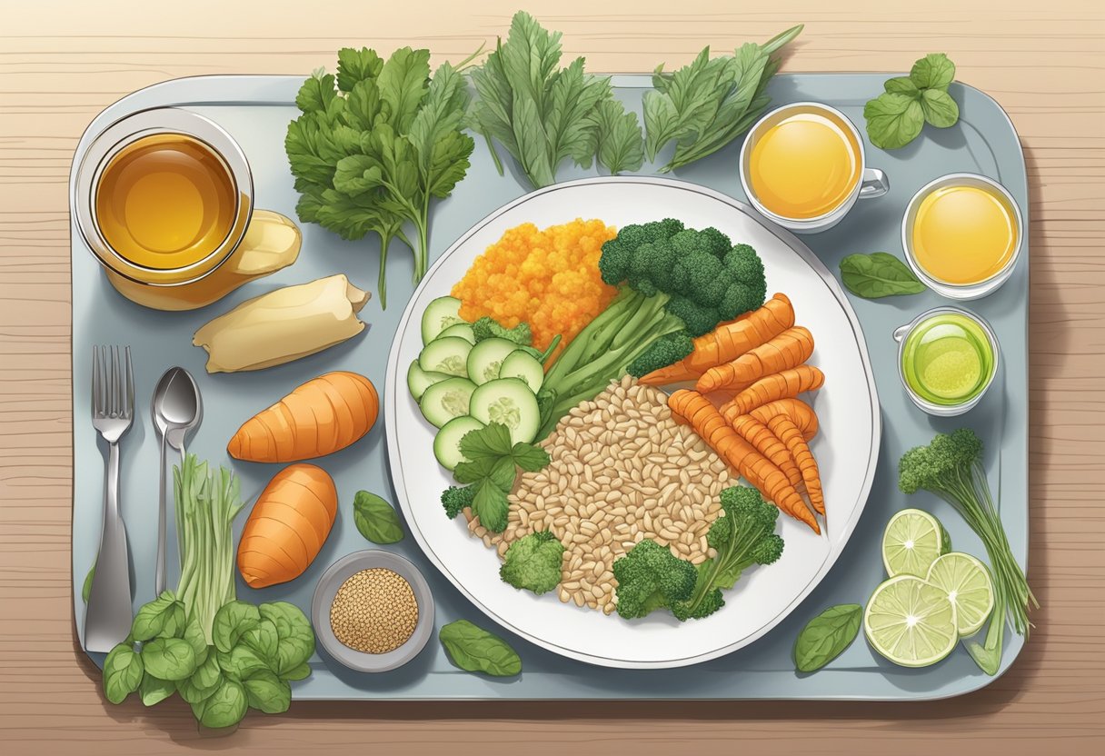 A table filled with GERD-friendly foods, including lean proteins, vegetables, and whole grains. A glass of water and herbal tea sit beside the plate