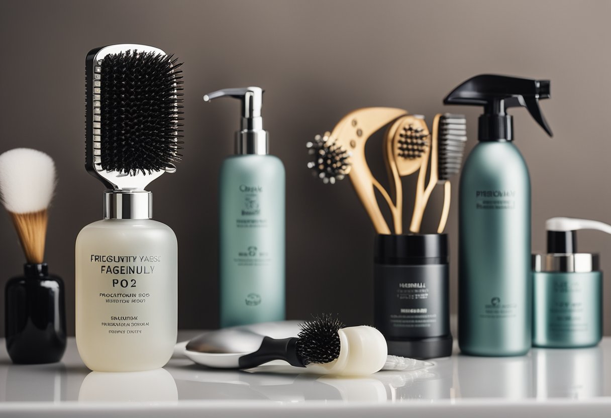 A bottle of "Frequently Asked Questions" hair thermal protector sits on a bathroom counter, surrounded by hair styling tools and a mirror