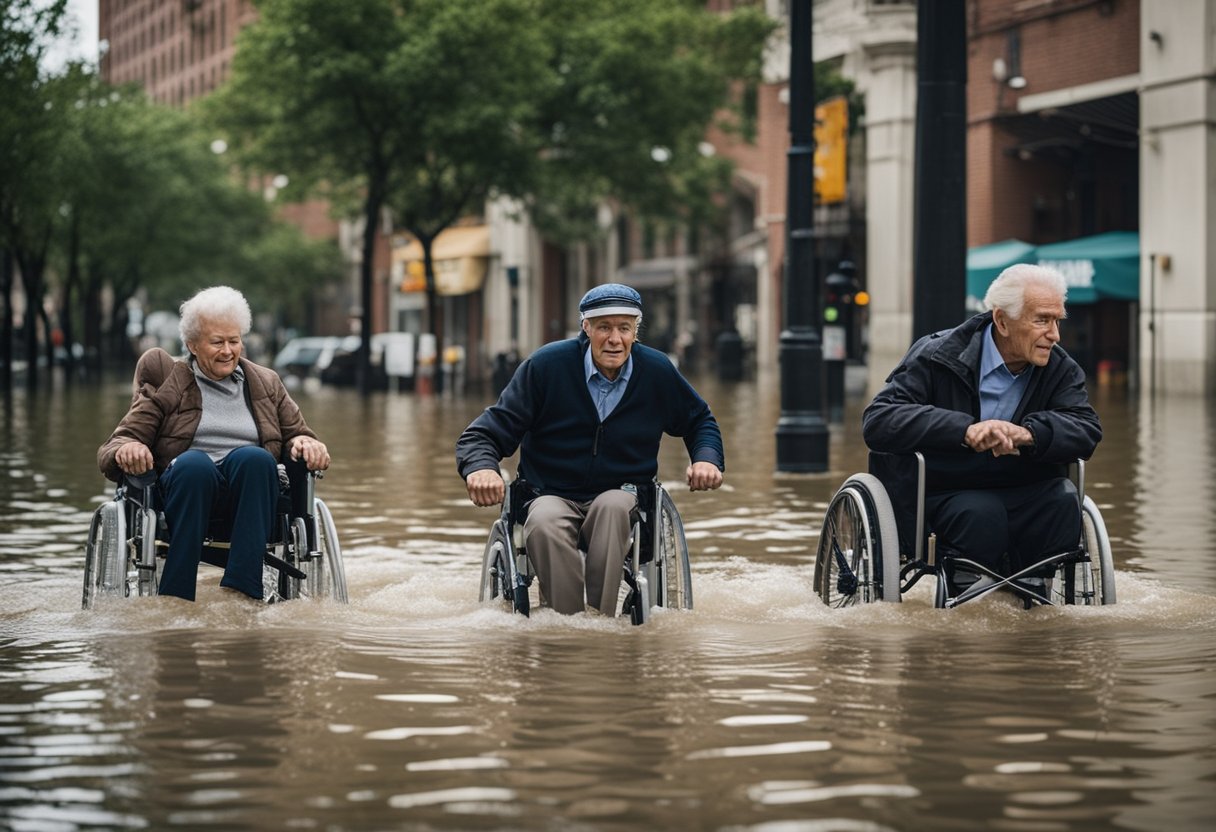 Elderly and wheelchair users struggle in floodwaters, hindering mobility. Scene: flooded streets, submerged sidewalks, and stranded individuals