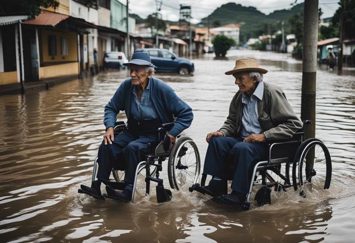 Elderly and wheelchair-bound individuals struggle to navigate flooded streets in Rio Grande do Sul, emphasizing the importance of preparation and prevention