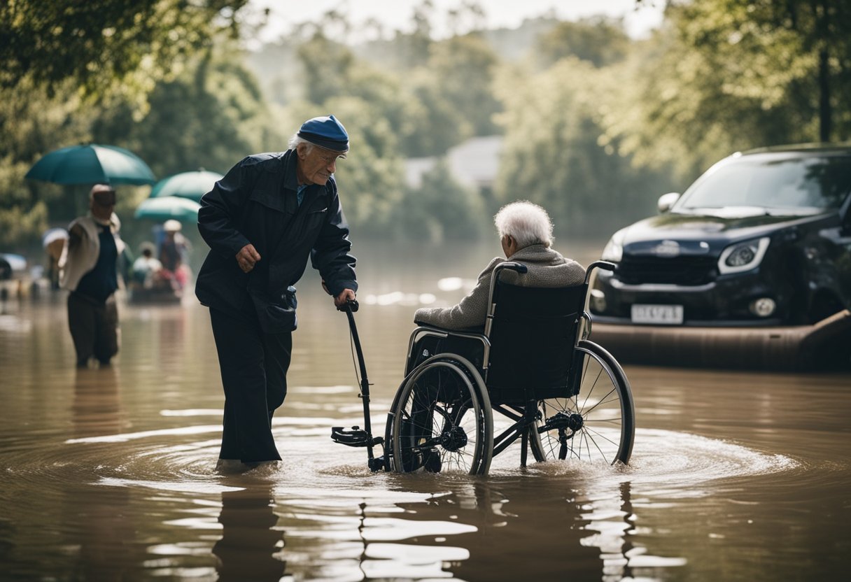 Elderly and wheelchair users struggle in flooded area. Limited social support. Recreate scene without human subjects