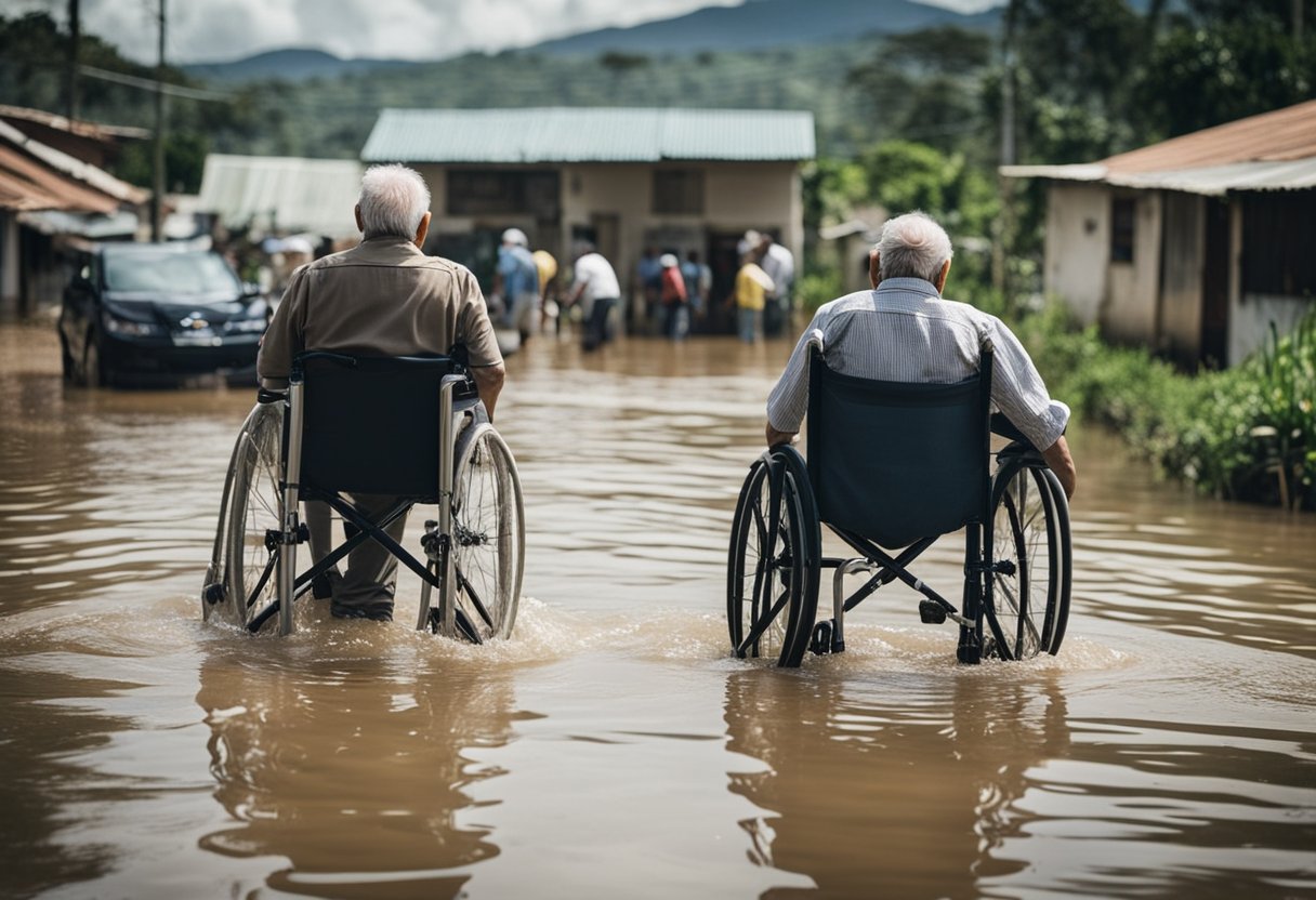 Elderly and wheelchair users struggle in flood. Use stats and cases for illustration. Rio Grande do Sul setting