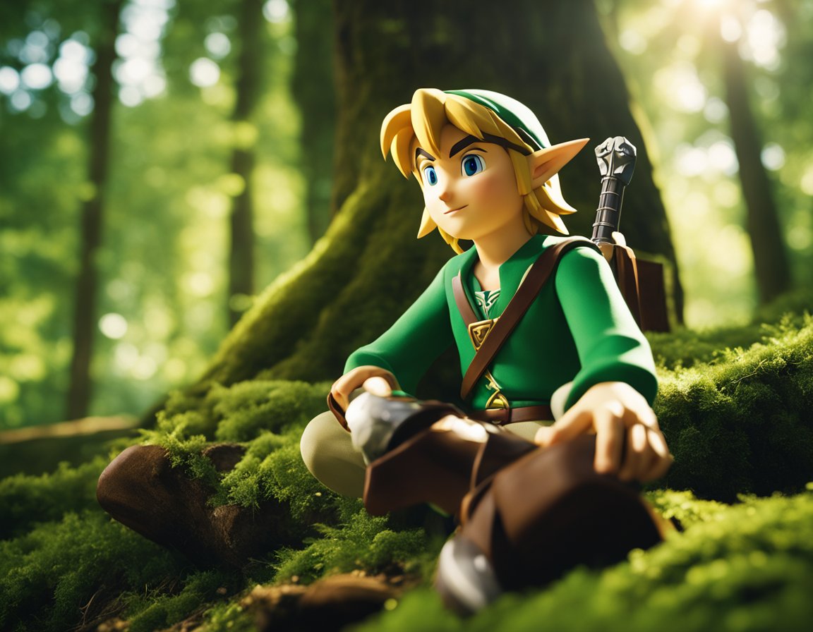 Link stands in the lush forest, holding the Ocarina of Time. The sun shines through the trees as he prepares to play a melody