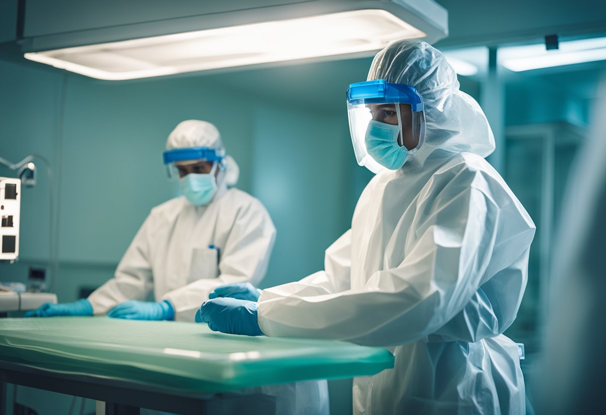 Medical personnel in protective gear diagnosing and treating Ebola virus disease in a hospital isolation unit