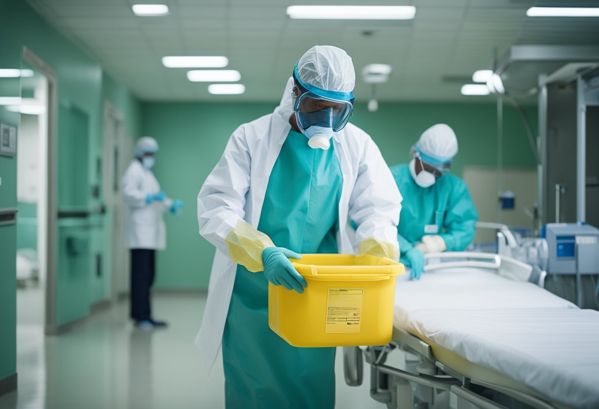 Medical workers in protective gear disinfecting surfaces and equipment in a hospital to prevent and control Ebola virus disease