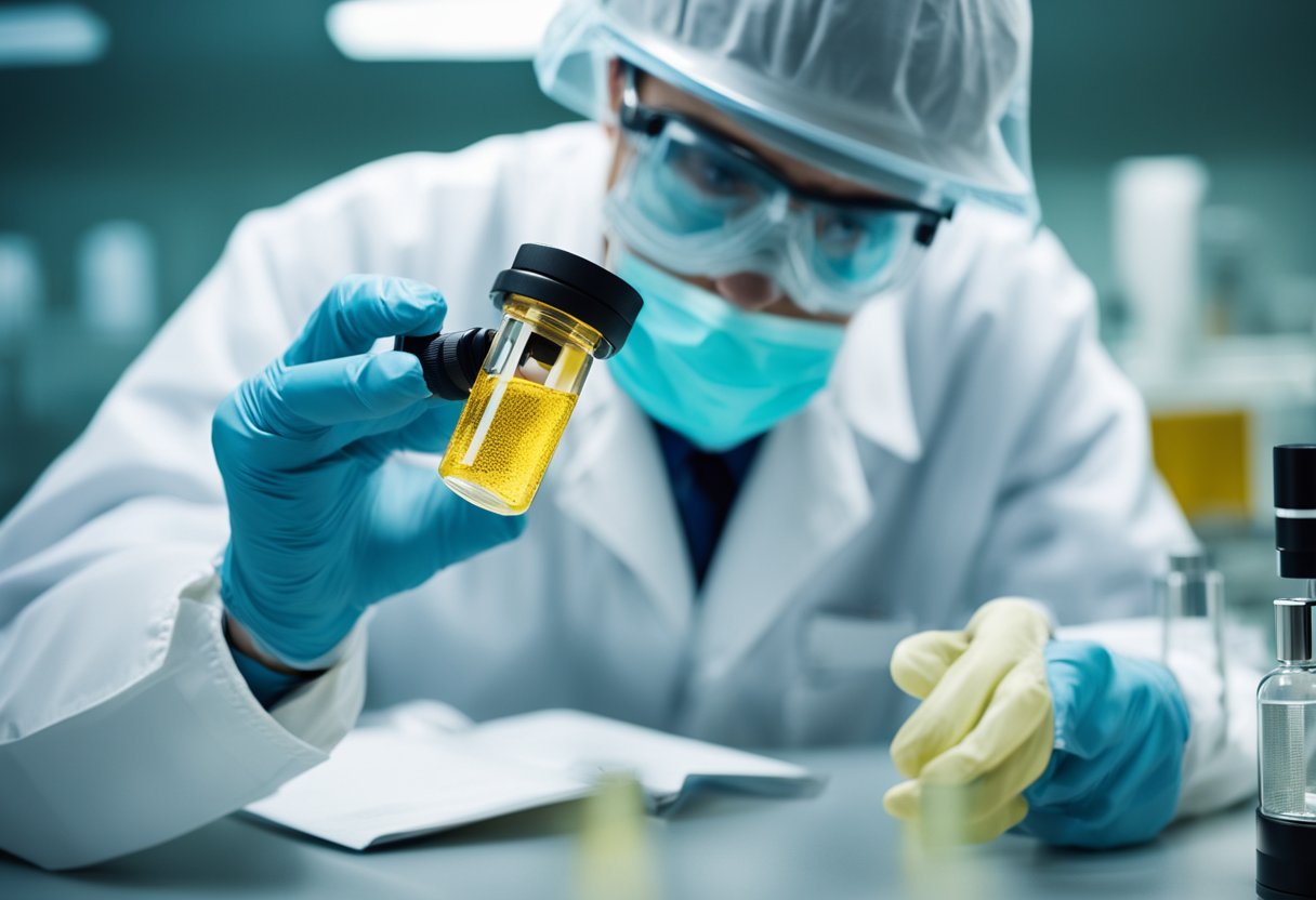 A medical researcher examines a vial of Ebola virus under a microscope in a high-security laboratory