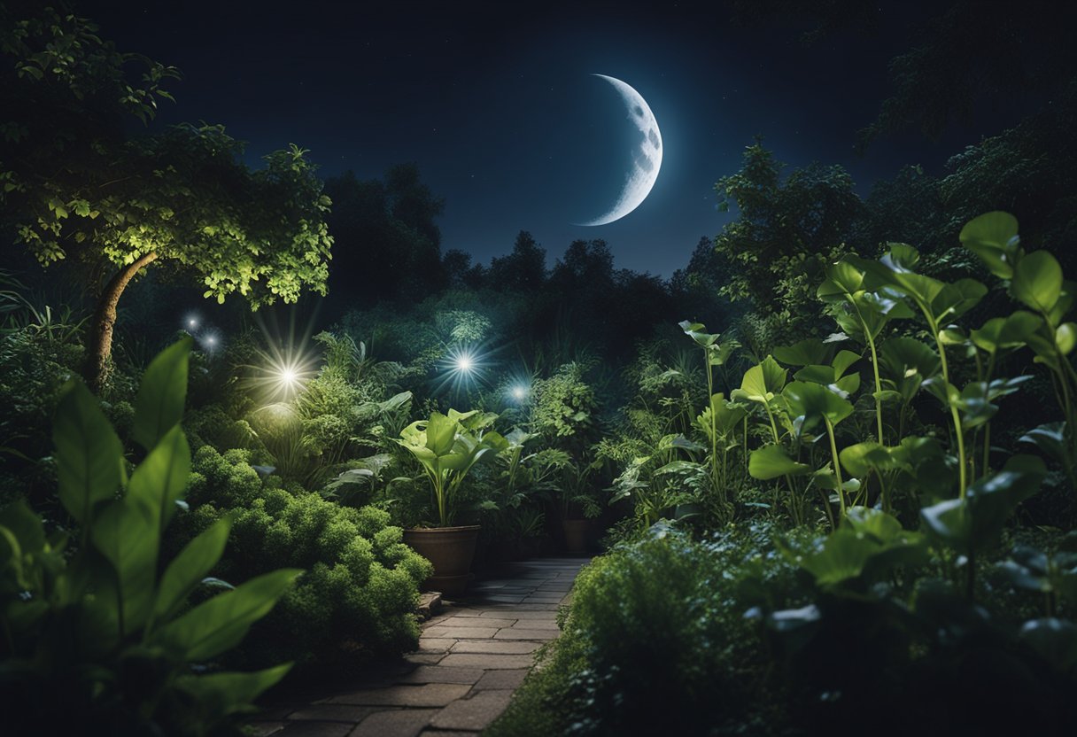 A moonlit garden with lush, flowing plants and a clear night sky. The moon's glow illuminates the scene, highlighting the healthy growth of the plants