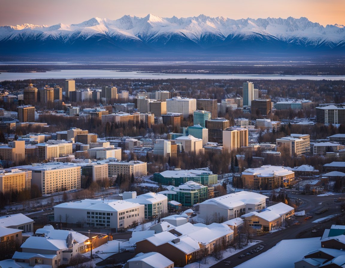 An aerial view of Anchorage, with snow-capped mountains in the background and a bustling city below