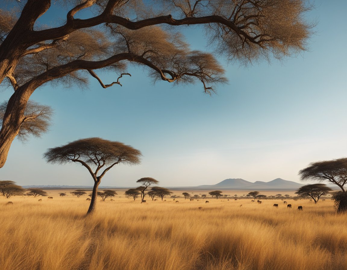 Vibrant savannah landscape with golden grasses and scattered acacia trees, under a clear blue sky. Animals grazing and roaming freely, with a distant view of the Serengeti plains