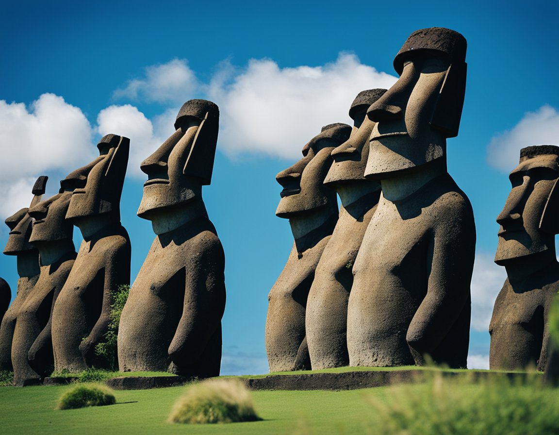 Clear blue skies with scattered clouds over the iconic Moai statues on Easter Island. Gentle breezes carry the scent of the ocean, making it the perfect time to visit