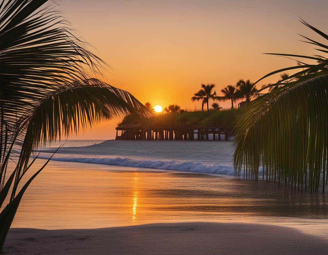 The sun sets over the calm waters of South Padre Island, casting a warm glow on the sandy beaches and palm trees