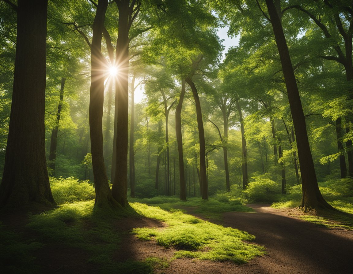 Lush green trees surround the Crater of Diamonds State Park. The sun shines brightly, casting a warm glow over the open fields, inviting visitors to explore and hunt for precious gems