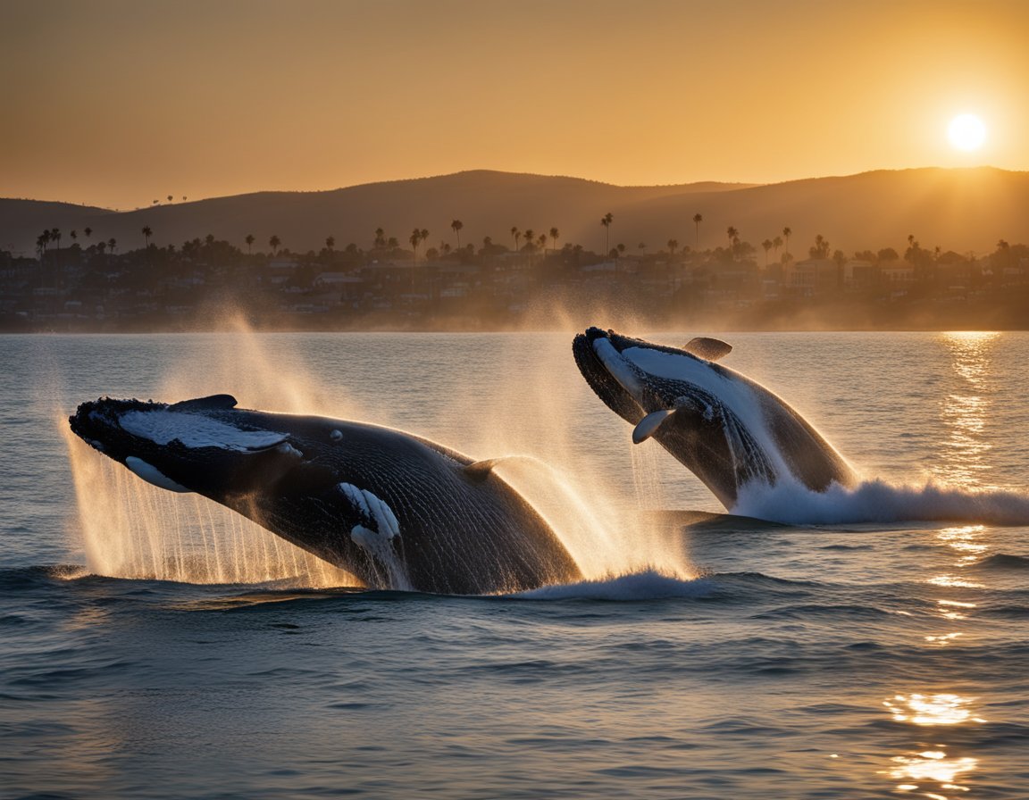 Whales breach off the coast of San Diego, spouting water into the air. The sun sets behind them, casting a warm glow on the horizon