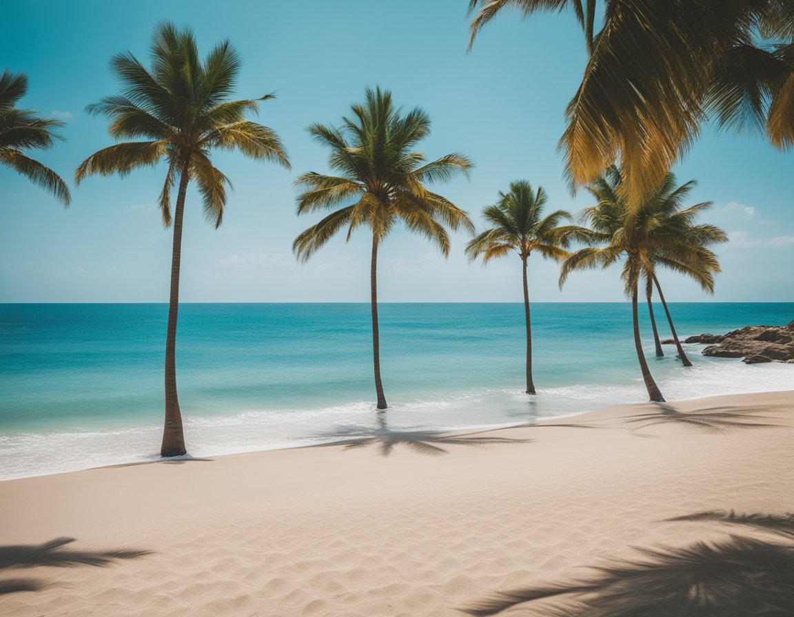 A sunny beach in Cartagena with clear blue skies, palm trees swaying in the breeze, and turquoise waters lapping against the shore