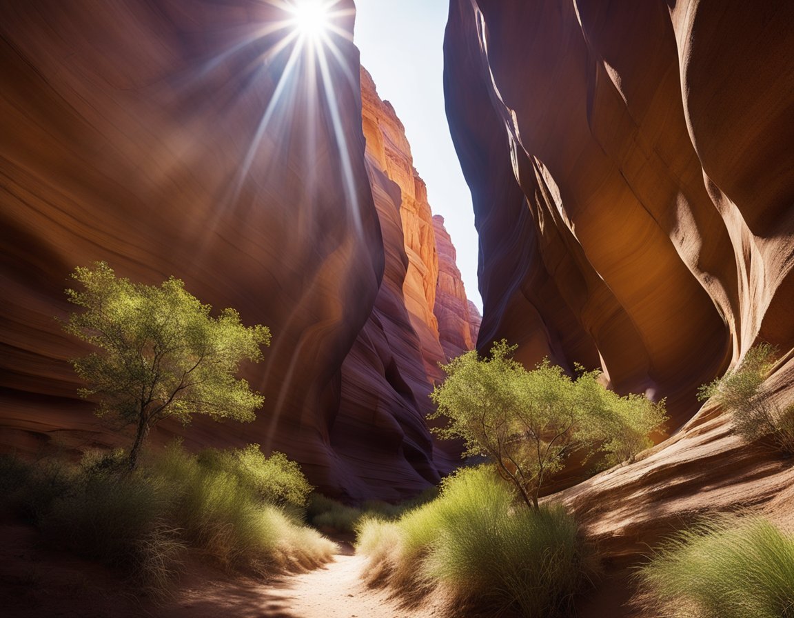 Sunlight streaming through narrow canyon walls, casting vibrant hues on the smooth sandstone. Shadows play across the curves, creating a mesmerizing display of natural beauty