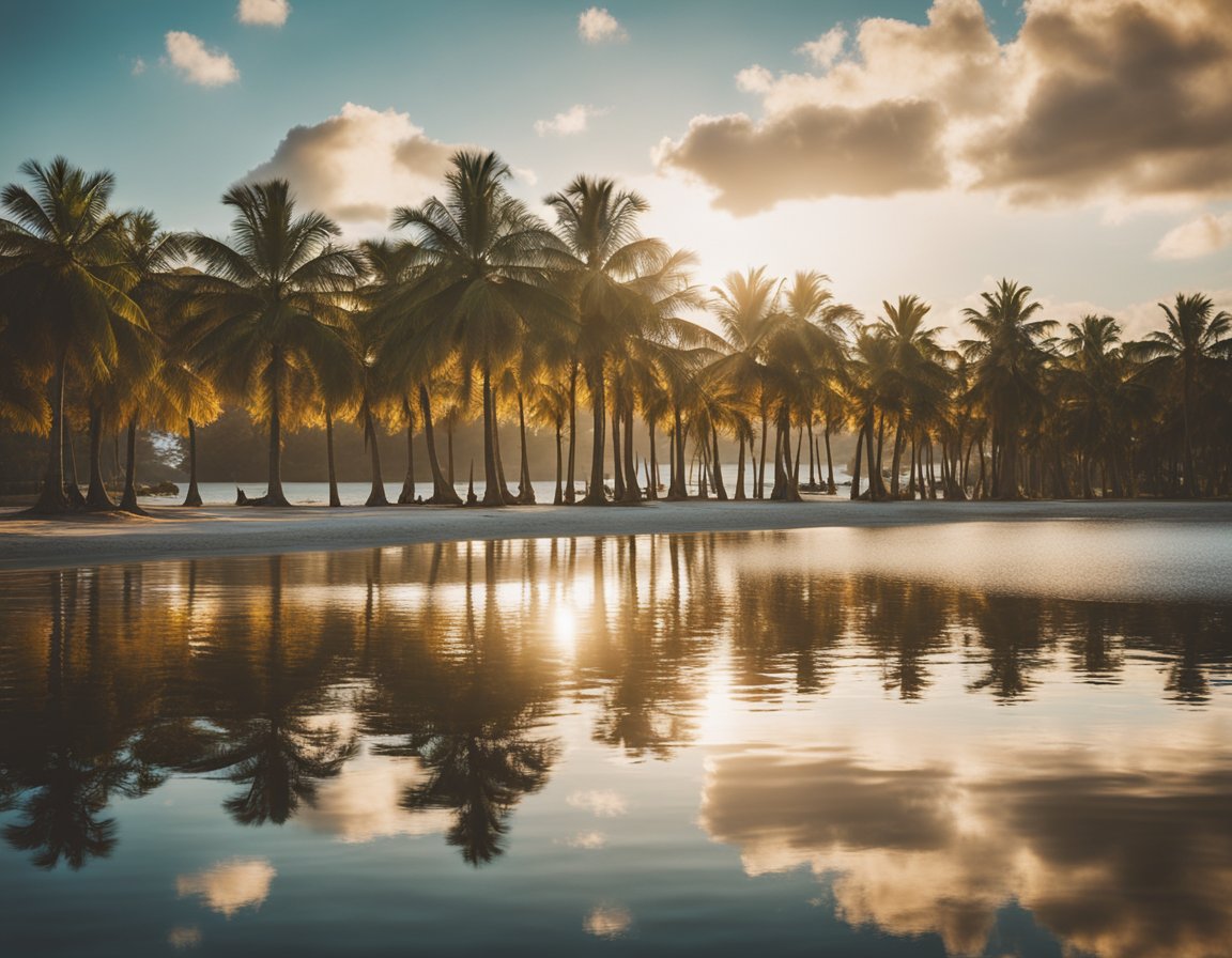 The sun shines over calm waters, with scattered clouds in the sky. Palm trees sway gently in the breeze, creating a tranquil and inviting atmosphere