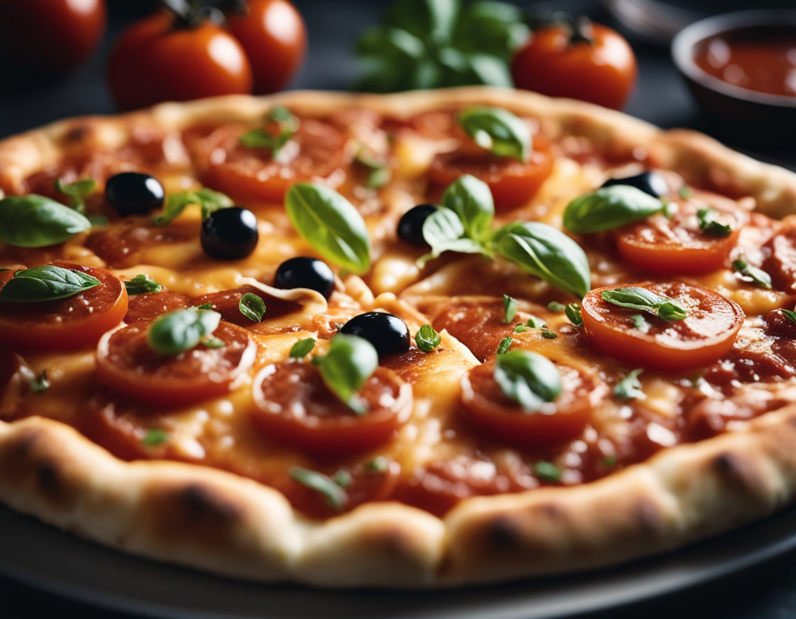 A pizza being drizzled with traditional tomato-based sauce