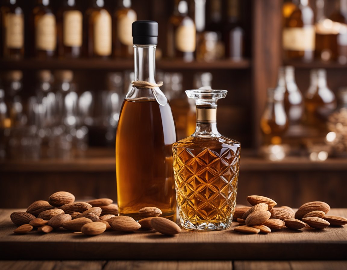 A bottle of amaretto sits on a wooden bar counter, surrounded by glasses and a bowl of almonds. The warm amber liquid inside the bottle catches the light, inviting the viewer to enjoy its sweet, nutty aroma