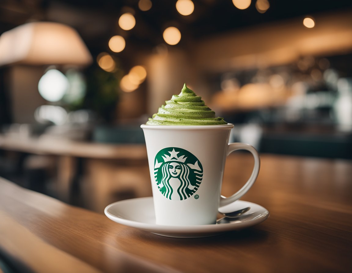 A cup of Starbucks Matcha Blend sits on a wooden table, surrounded by a serene and cozy cafe atmosphere