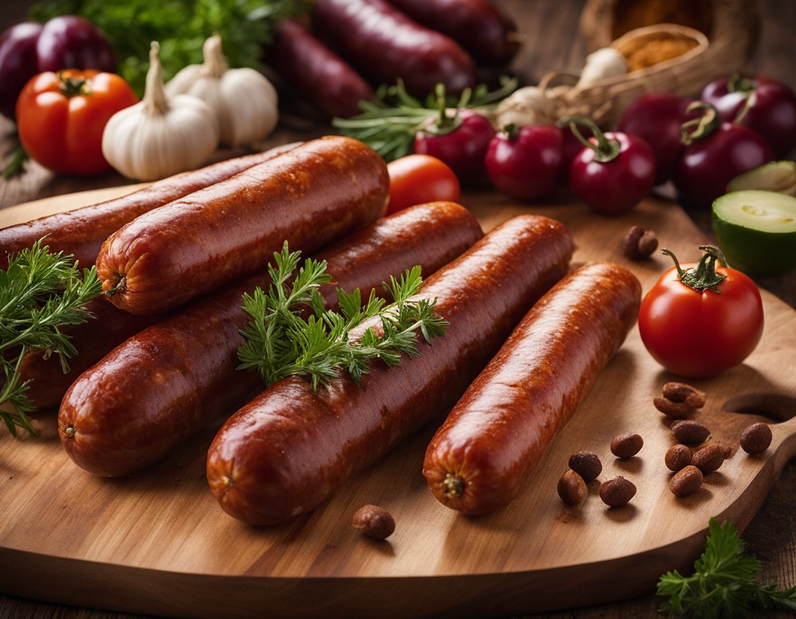 A variety of chorizo sausages lay on a wooden cutting board, showcasing different colors and textures. Ingredients like paprika and garlic are scattered around, hinting at the origins and types of chorizo