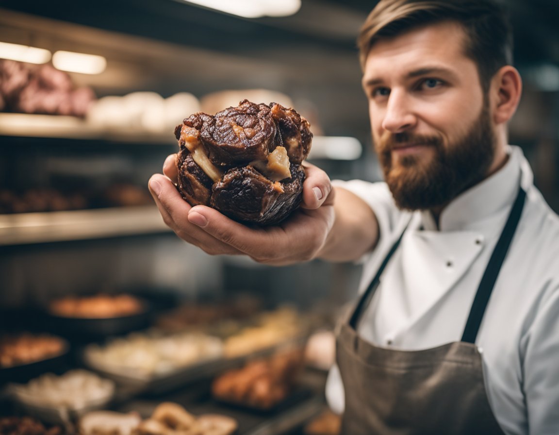 A butcher holds up an oxtail, showcasing its unique shape and marbled meat. The oxtail is prominently featured, with the butcher's hand holding it up for display