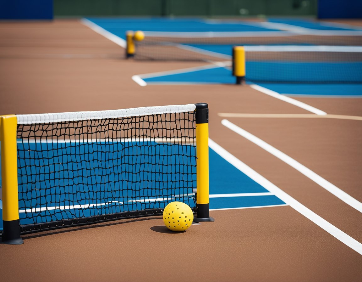 A yellow pickleball sits on a blue court, with a white line dividing it