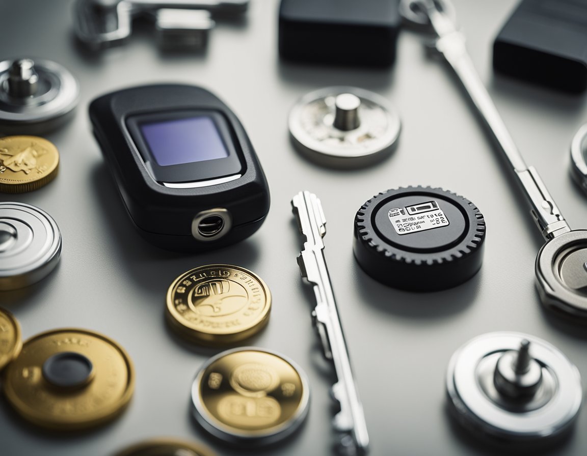 A key fob sits on a table next to various types of batteries - coin cell, lithium, and alkaline - ready to be inserted