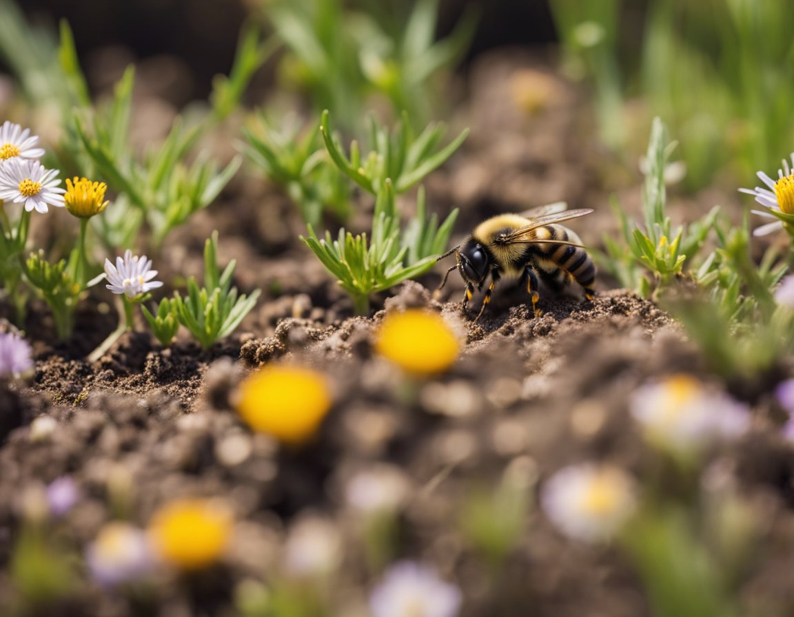 Ground-nesting bees emerge from small burrows in the earth, surrounded by a variety of wildflowers and grasses. The bees are busy collecting pollen and nectar, flying in and out of their underground homes