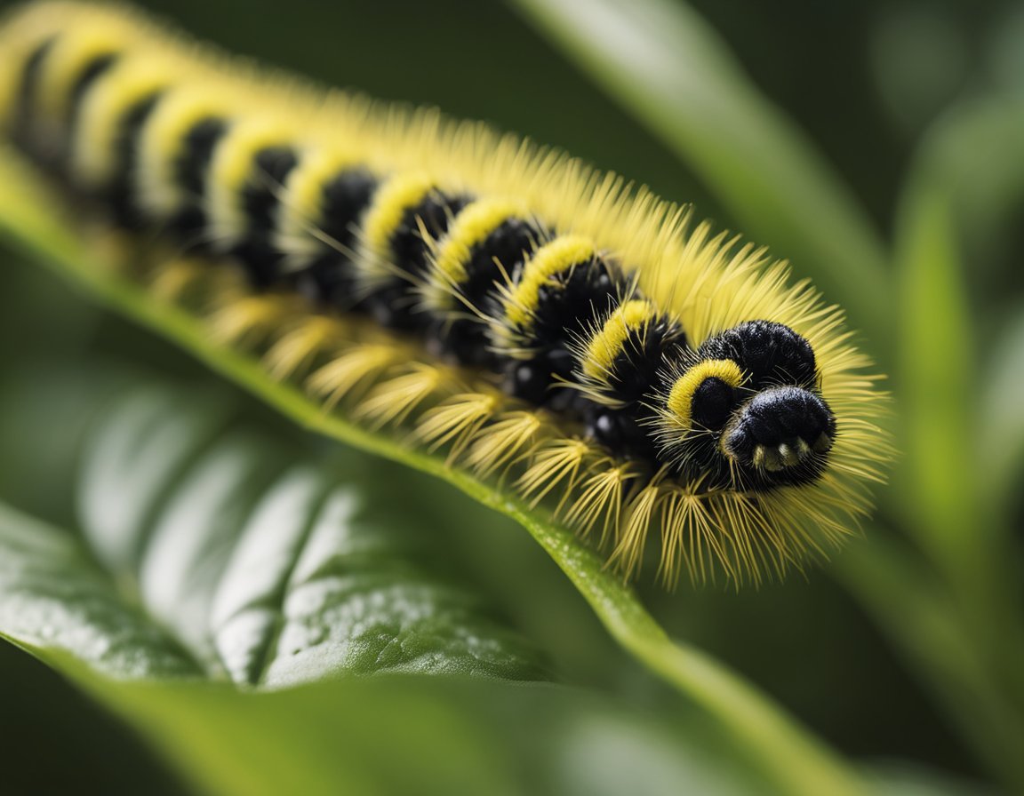 A close-up of a fuzzy, black and yellow striped caterpillar crawling on a green leaf