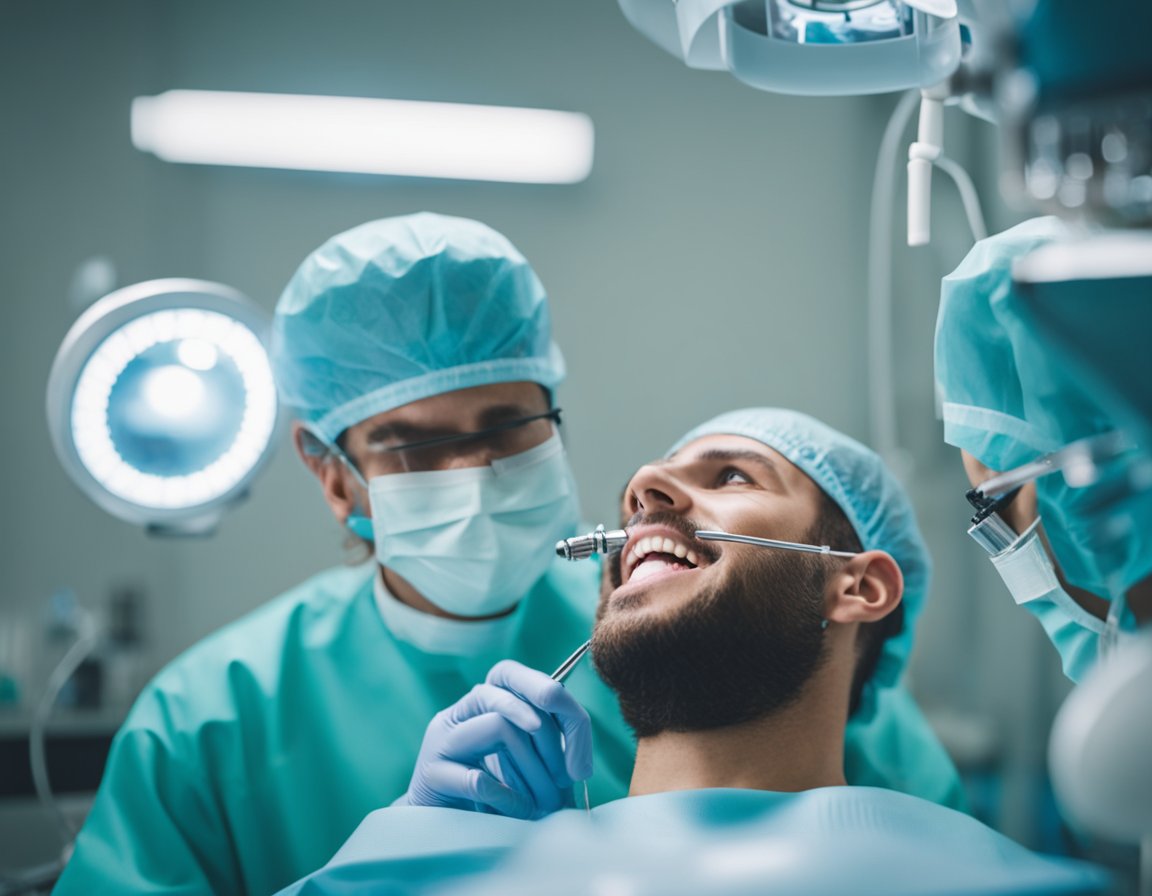 A dentist performing a dental implant procedure in a modern clinic setting