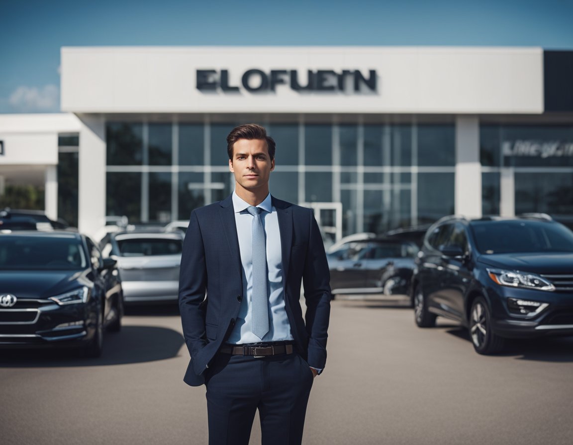 A person stands in front of a car dealership, pondering the type of lawyer needed to sue. Signs advertise various legal specialties