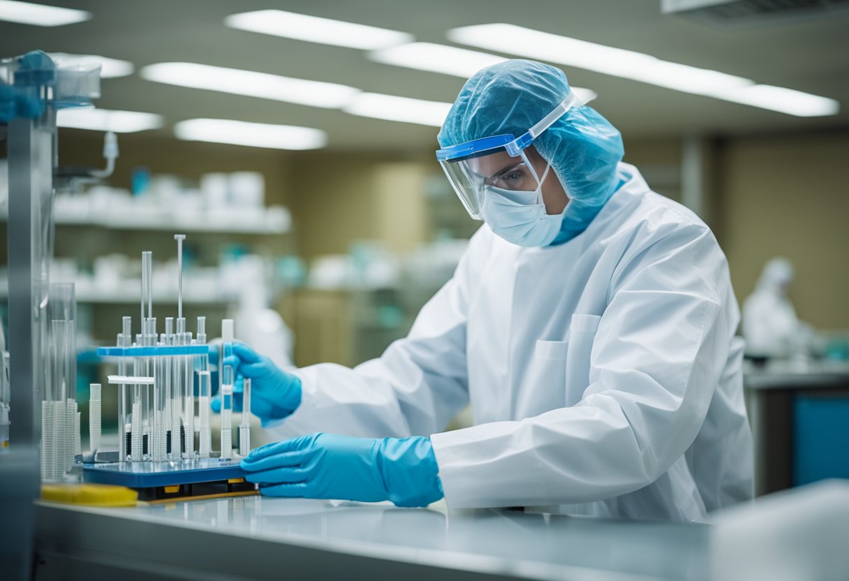 A laboratory technician in full protective gear conducts tests on blood samples for haemorrhagic fever