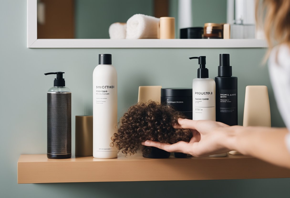 A woman's hand reaches for a bottle of curly hair product on a bathroom shelf, surrounded by various hair care items