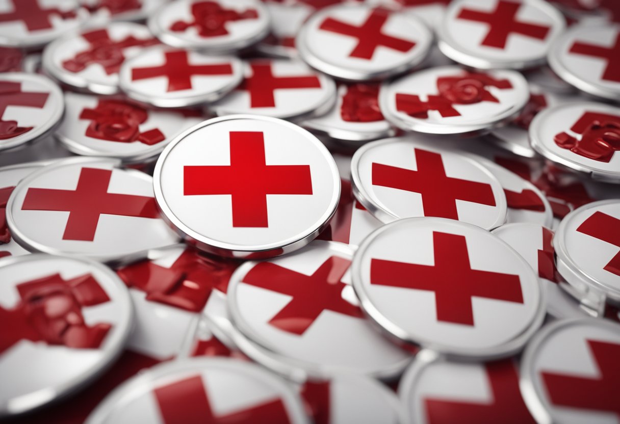 A red cross emblem surrounded by question marks, with a biohazard symbol in the background