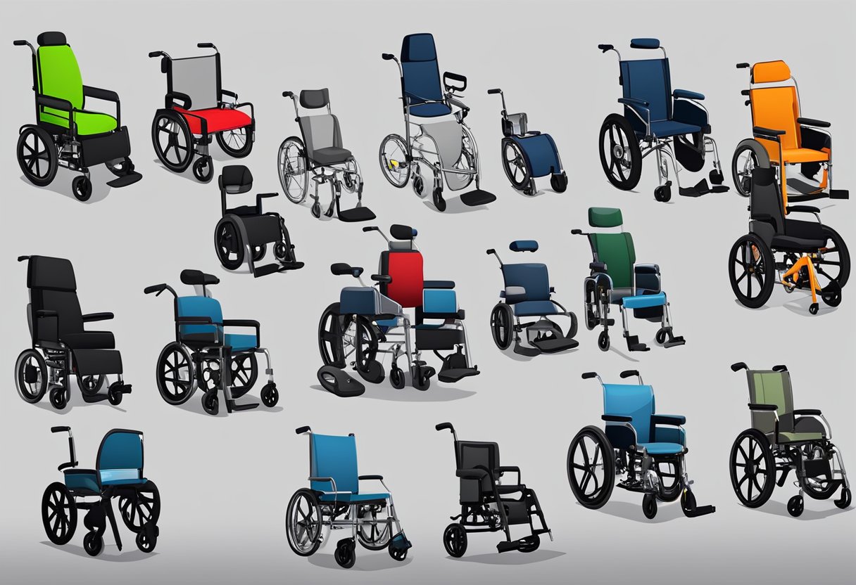 A variety of manual wheelchairs displayed in a showroom with different types and features. Showcasing options for potential buyers to understand and choose from