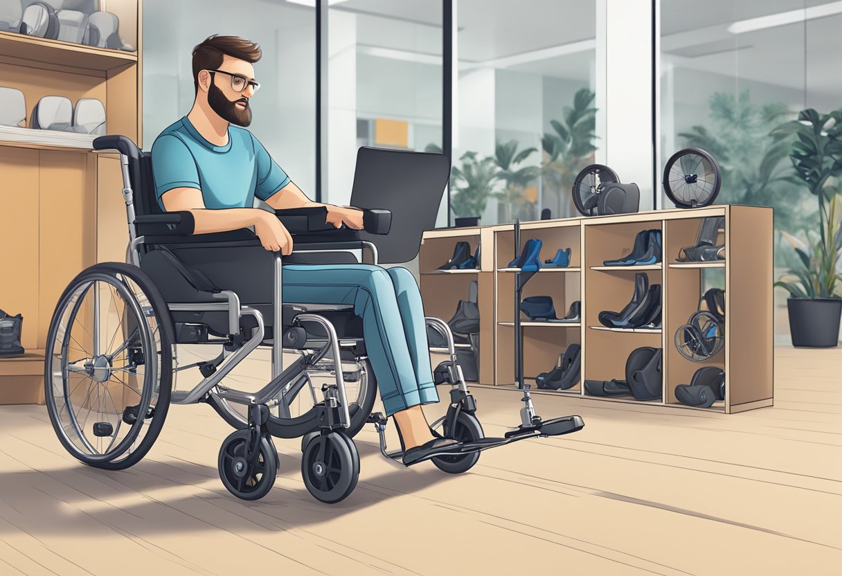 A person comparing different wheelchair features in a showroom, examining the wheels, frame, and seating options
