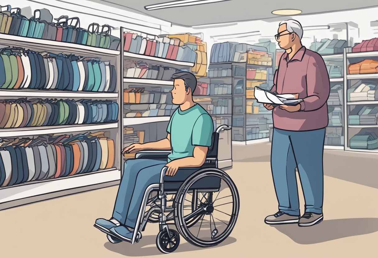 A person comparing prices of manual wheelchairs in a store, looking at a cost considerations manual wheelchair buying guide